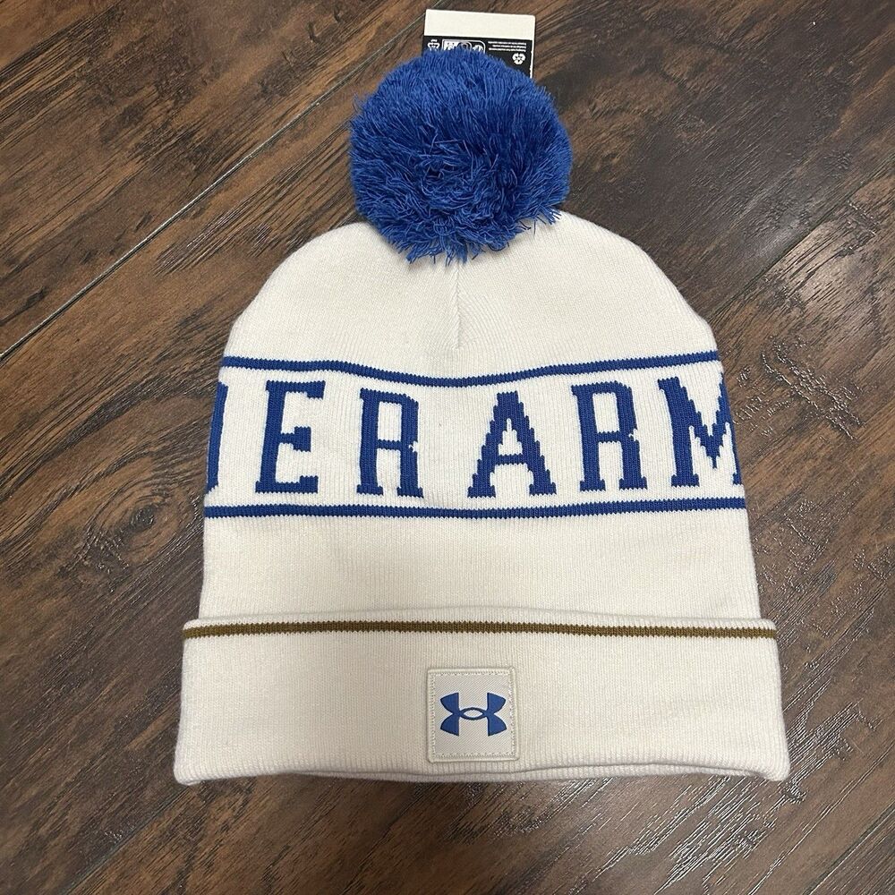 NWT Under Armour Men's Halftime Pom Logo Beanie in White/Tech Blue One Size